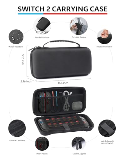 Switch 2 Accessories Bundle for Nintendo, 16 in 1 Game Kit: Carrying Case, Two Screen Protector with Alignment Frame, Steering Wheel for Mario Kart, Grip for joycon Controller Console Protective Cover