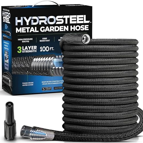 HYDROSTEEL 100 Ft Metal Garden Hose with Sprayer Nozzle, Indestructible 3-Layer Stainless Steel Heavy Duty Water Hose 100 Ft x 5/8 in. Kink Free Design Will Not Kink, Flexible, NON Expandable, 500 PSI