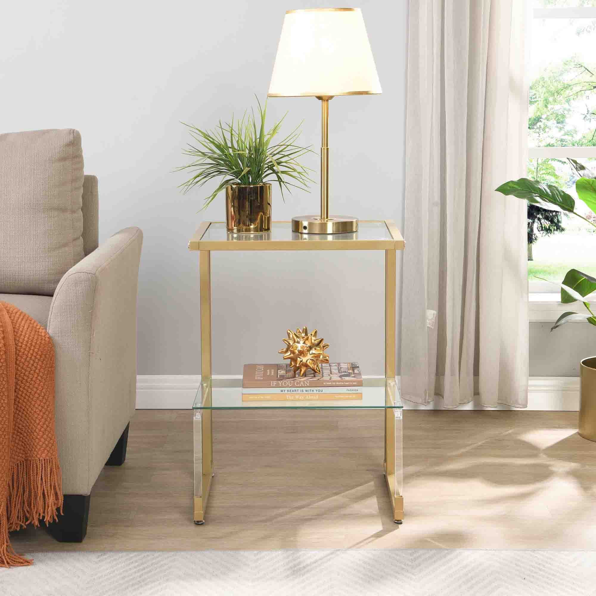 Gewnee 2-Tier Acrylic Glass End Table,Modern Side Table with Tempered Glass Shelves,Gold