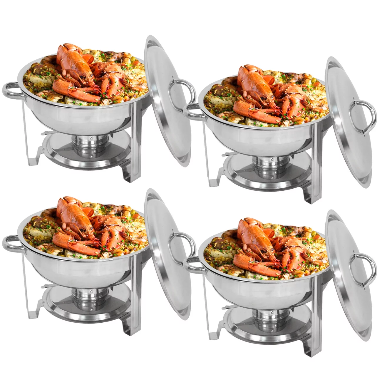 SuperDeal Glossy Round Chafing Dish 5Qt. Buffet Stove Hotel Catering Alcohol Furnace, 4 Pack