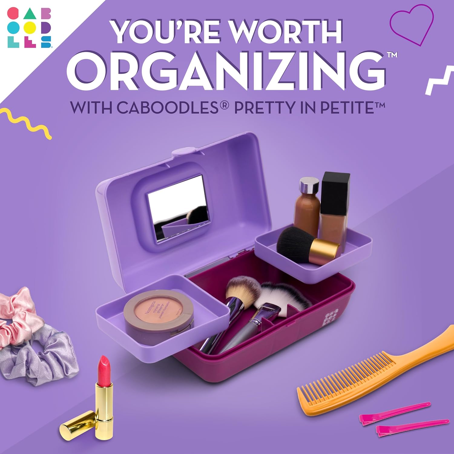 Caboodles Pretty in Petite Makeup Box, Two-Tone Lavender on Violet, Hard Plastic Organizer Box, 2 Swivel Trays, Fashion Mirror, Secure Latch for Safe Travel