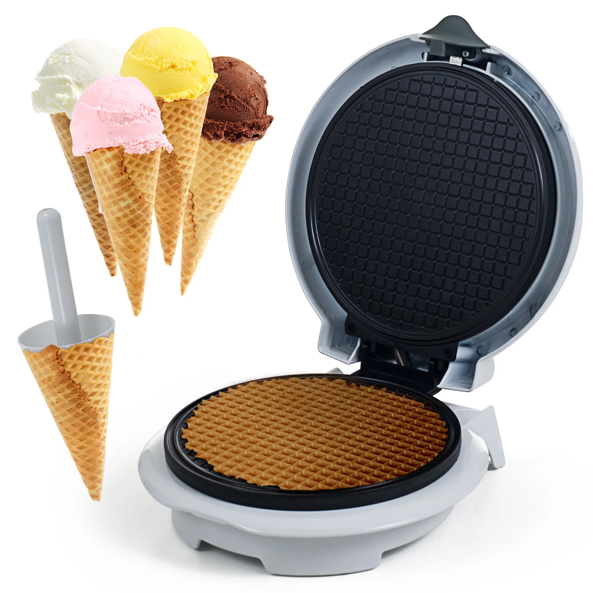 Waffle Cone Maker - Electric Nonstick Waffle Iron with Shaper Cone Included - Small Kitchen Appliances by Chef Buddy (White)