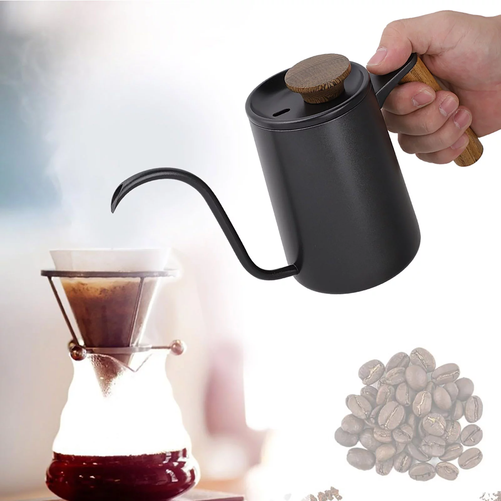 Drip Coffee Pot - VIFER 600ML Stainless Steel Long Gooseneck Spout Kettle Handle Drip Coffee Pot 1PC (Black)