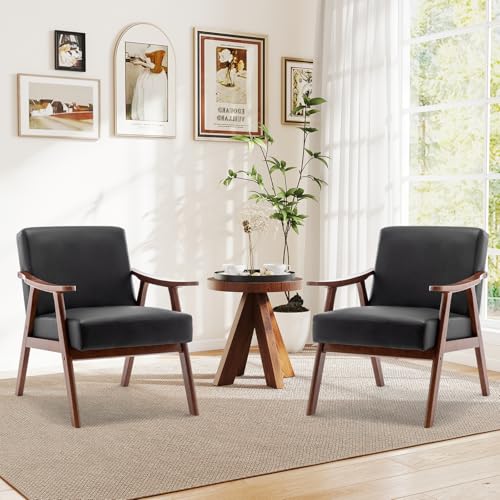Rovibek Upholstered Accent Chair with Arms - Mid Century Modern Accent Chairs with Wood Frame, Upholstered Arm Chairs with 5.9in Thick Foam, Beige Occasional Chair, Set of 2