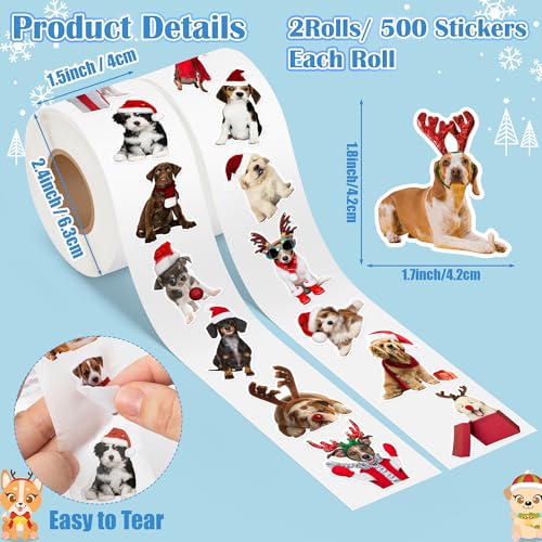 Christmas Dog Sticker Rolls - 1000Pcs Cute Christmas Hat Puppy Vinyl Stickers for Kids Adults, Funny Xmas Realistic Dog Decals Gifts for Holiday Party Birthday Home Decor Skateboard Guitar