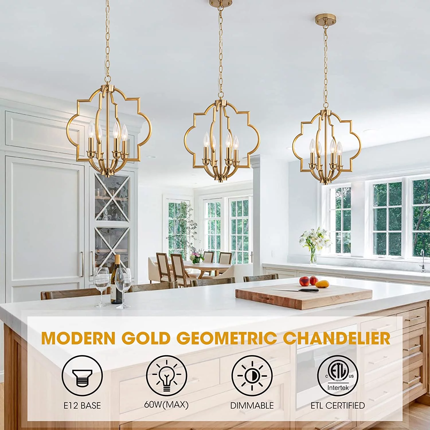 WAGEE Gold Farmhouse Chandelier Dining Room Light Fixtures Over Table, Brass Kitchen Island Pendant Light, 4 Light Rustic Orb Geometric Ceiling Hanging Lighting for Entryway Foyer Bar Restaurant