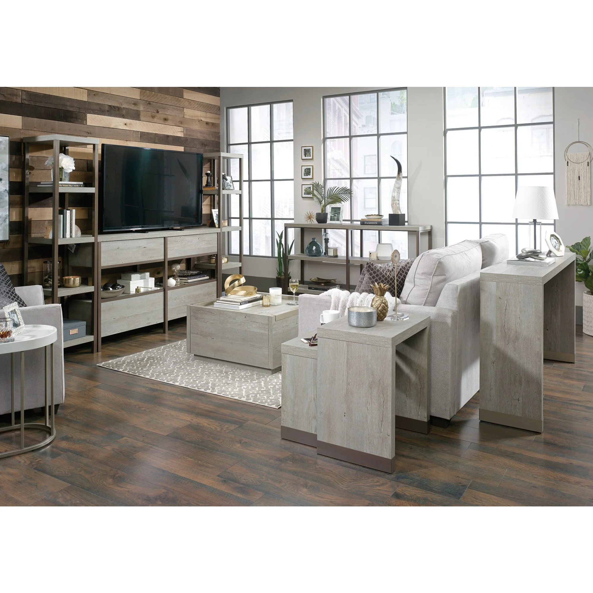 Sauder Manhattan Gate Engineered Wood and Metal Computer Hutch in Mystic Oak