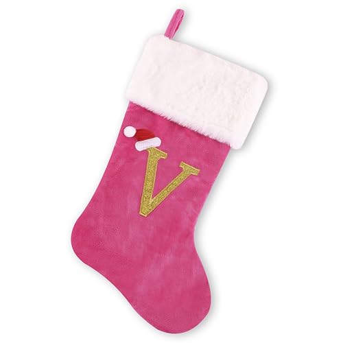 20-inch Personalized Pink Faux Velvet Stocking with Embroidered Gold Letter – Luxurious Christmas Decoration and Gift, Plush Finish (Pink-M)