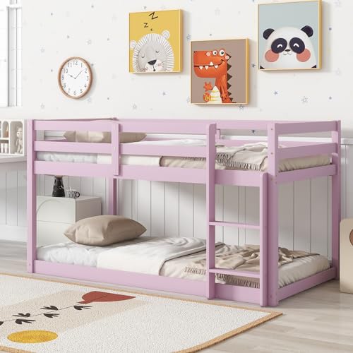 Bunk Bed Twin Over Twin, Wood Low Profile Floor Twin Bunk Beds with Ladder Guardrails for Kids Boys and Girls, No Box Spring Needed