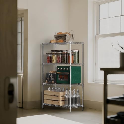 5-Shelf Storage Shelves,Wire Shelving Heavy Duty Metal Storage Shelving Unit Adjustable Garage Shelving Rack Pantry Kitchen (Chrome, 4 Tier,15.8