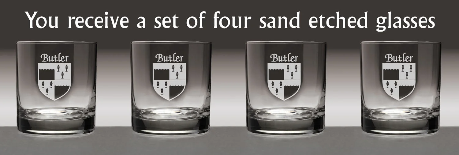 Butler Irish Coat of Arms Tumbler Glasses - Set of 4 (Sand Etched)