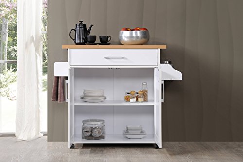 Hodedah Rolling Wood Kitchen Island Cart with Spice Rack, Towel Rack, Utensil Drawer plus Cabinet, White with Beech Top