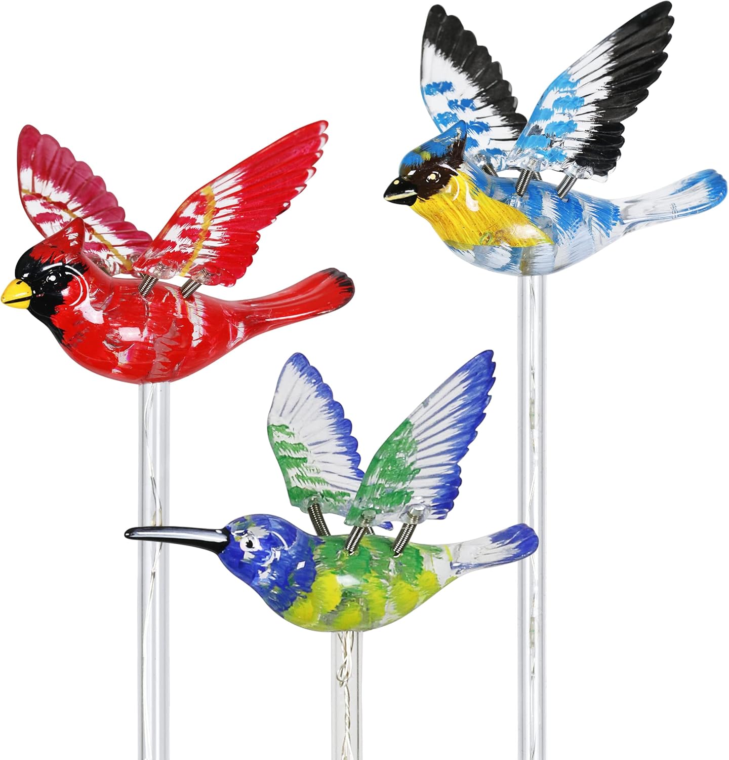 Exhart Garden Stake, Set of 3 Bird Garden Solar Lights Stakes, Colored LEDs, WindyWing Outdoor Garden Decorations, Cardinal, Hummingbird, and Blue Bird, 3 x 24 Inch