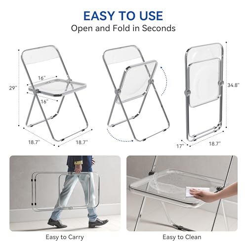Acrylic Folding Chairs with Stackable, Clear Plastic Chair with Crystal Seat-PC & Metal Chrome Frame, Weight Capacity 350 lbs, 2 Pack,Transparent