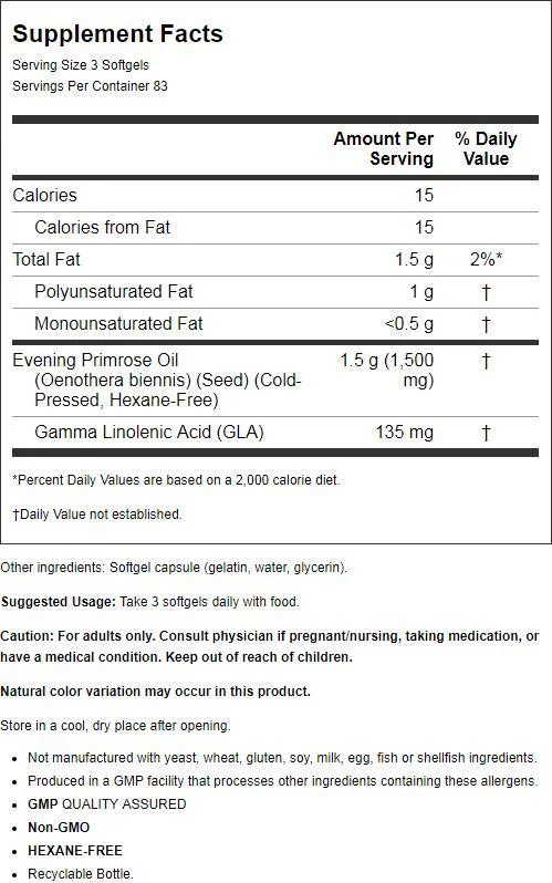 NOW Supplements, Evening Primrose Oil 500 mg with Naturally Occurring GLA, 250 Softgels