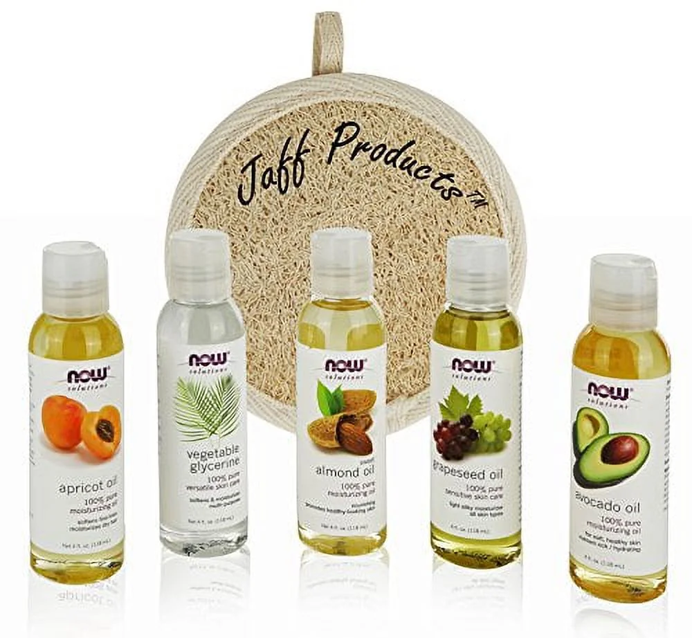 New Now Foods Solutions 5 Pack - Carrier Oil Gift Set: Almond Oil - Grapeseed Oil - Avocado Oil - Apricot Oil - Vegetable Glycerine Oil 100% Natural Moisturizing Massage 4 Oz - Free Loofah Sponge ...