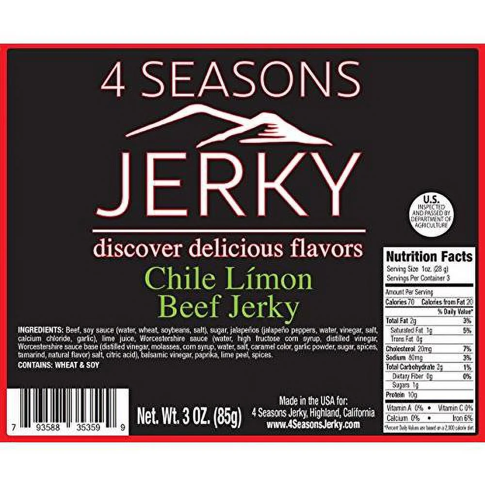 Chile Limon Carne Asada - 3 PACK - Traditional Jerky 2.75 Oz - Carne Seca - Great Savory Tasting Traditional Jerky - Total 8.25 Oz.