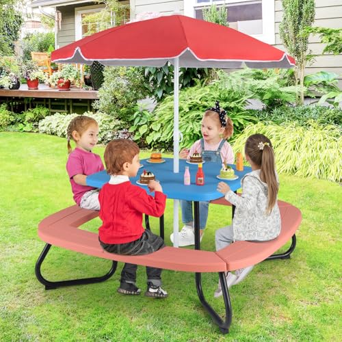 Costzon Kids Picnic Table, 8 Person Kids Outdoor Table and Chairs with Foldable & Adjustable Umbrella, 4 Built-in Benches, Toddler Outdoor Furniture for Backyard, Patio, Garden (Blue)