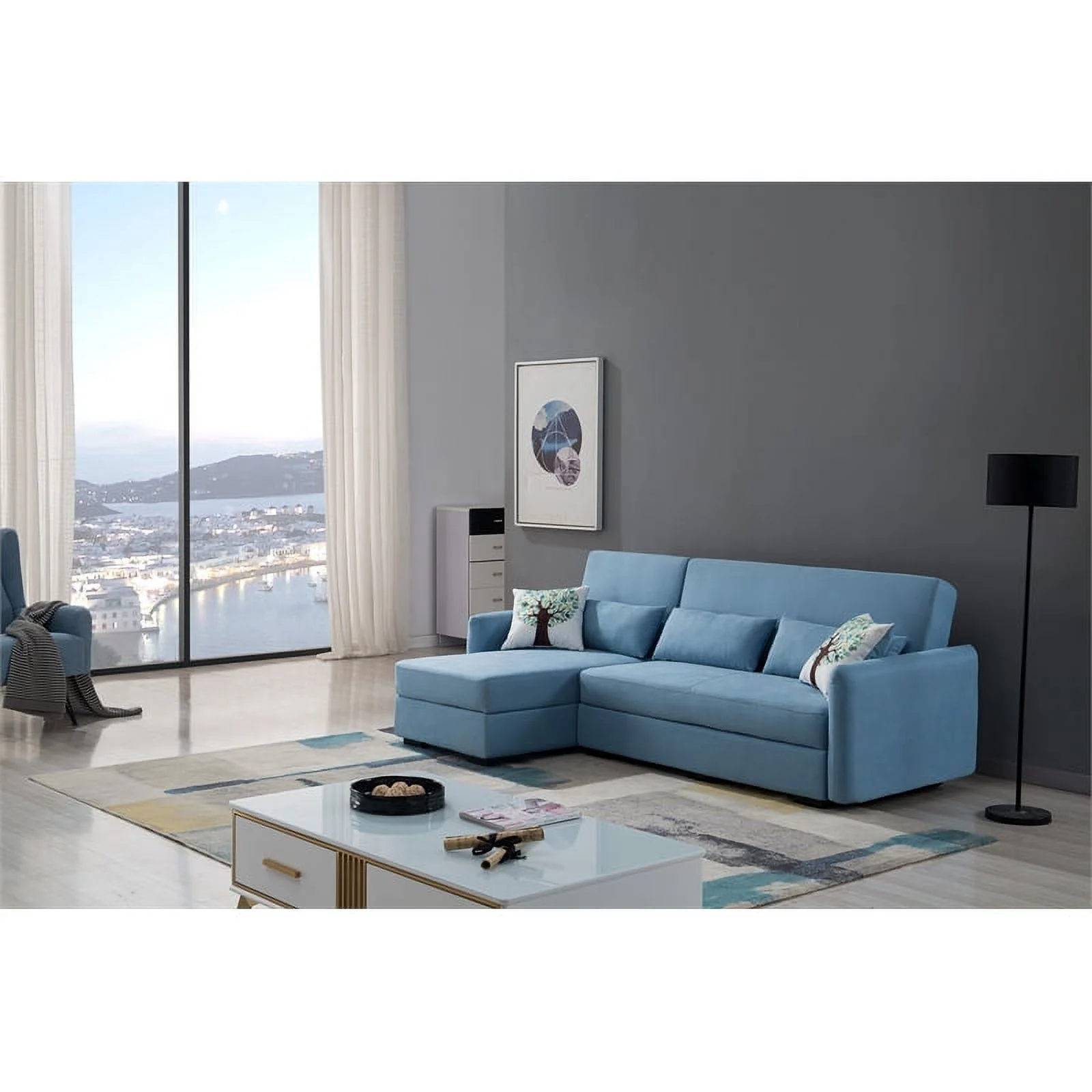 AE-LD828R Light Blue Color With Velvet Left Facing Chaise With Sectional