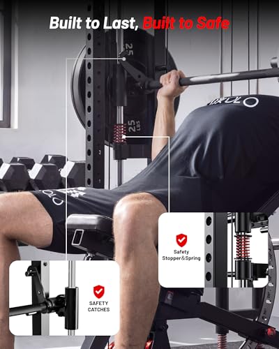 Mikolo Smith Machine, 2200lbs Squat Rack with LAT-Pull Down System & Cable Crossover Machine, Training Equipment with Leg Hold-Down Attachment