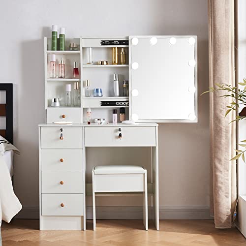 Vanity Desk Set with10 LED Lights, Makeup Vanity Table with Lighted Mirror and Charging Station, Dressing Table Desk with 5 Drawers, White Modern Vanity Set Dresser for Bedroom