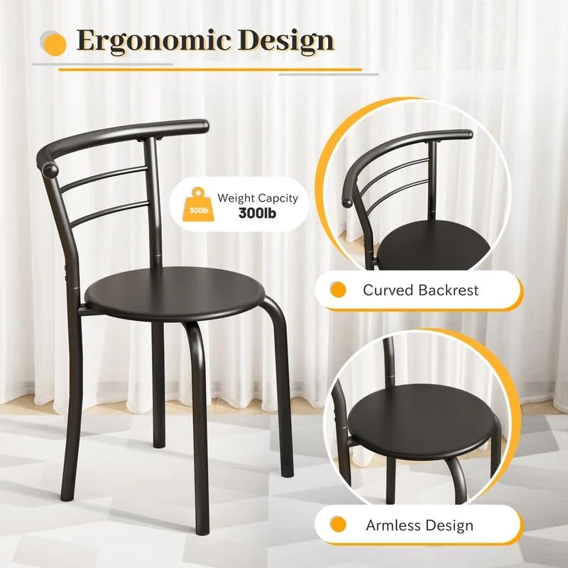 Shahoo 3-Piece Wooden Dining Table Set, Kitchen Breakfast Nook Sets with 2 Chairs & Round Tabletop, Space Saving Furniture Metal Frame and Built-in Wine Rack, Walnut