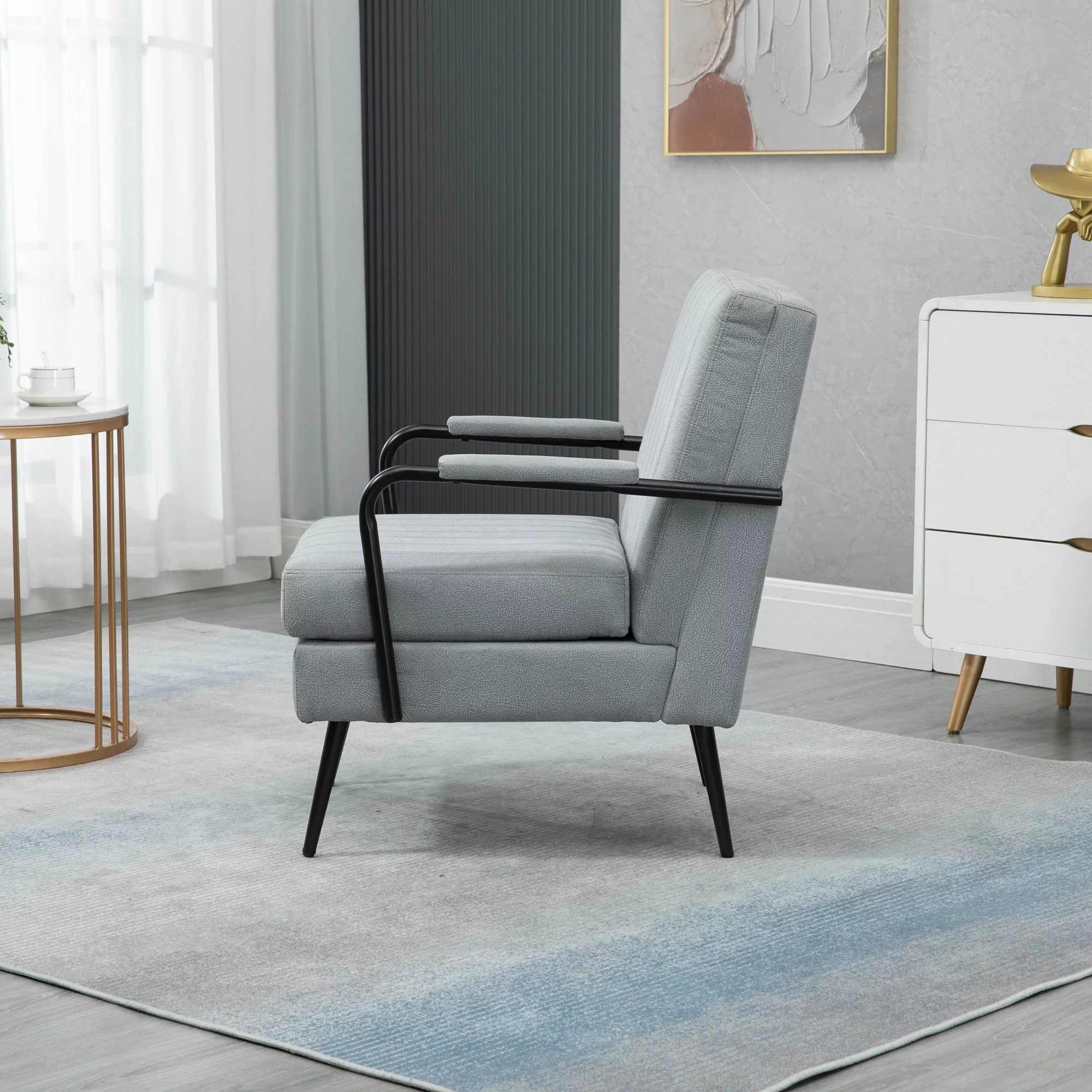 Mid-Century Modern Accent Chair Armchair, Lounge Chair Reading Chair with Metal Leg for Living Room Bedroom Office, Grey