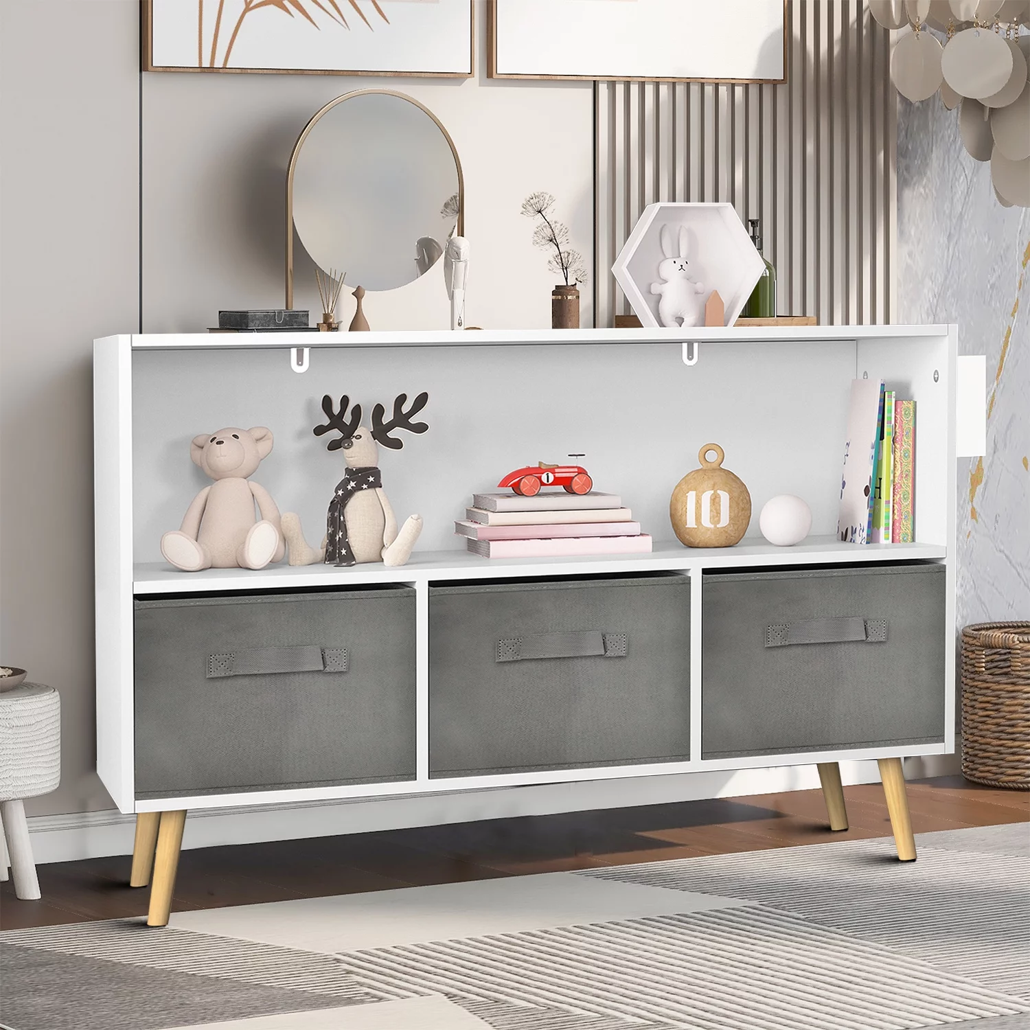 Modern and Minimalist Wooden Storage Cabinet with 3 Fabric Drawers for Living Room and Study, White Gray