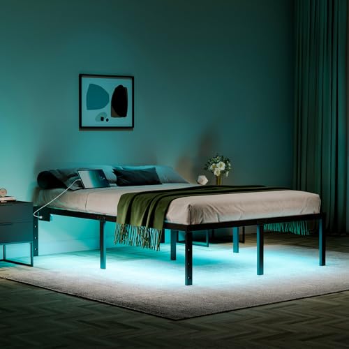 Full Size Bed Frame with LED Lights & Charging Station - 14 Inch Heavy Duty Metal Platform Bed Frame No Box Spring Needed, Easy Assembly, No Noise