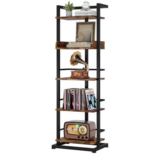 Hosfais Book Shelf Narrow Bookshelf: 5 Tier Wood Bookcase with Metal Edge Protection Industrial Modern Bookshelf Book Storage Organizer for Living Room Bedroom Home Office (Rustic Brown)