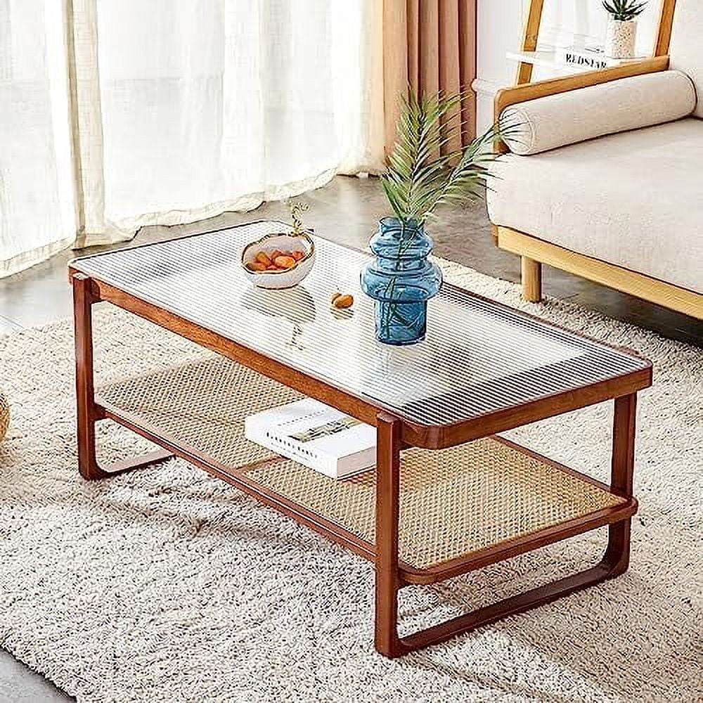 xrboomlife Modern Rattan Woven Tea Table with Glass Desktop  Chinese Simple Round Double-Layer   Solid Wood Coffee Table for Dining Living Room Lounge Bedroom  Walnut