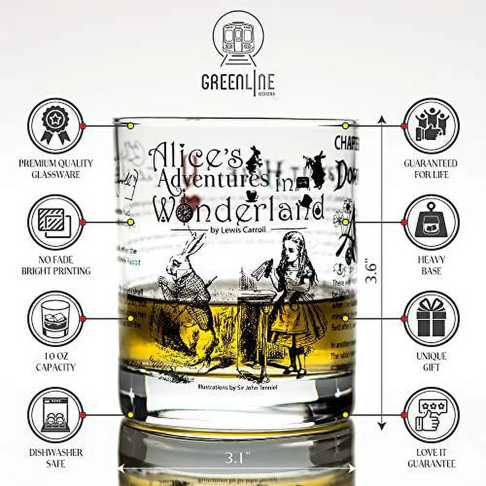Alice in Wonderland Whiskey Glasses | Literature Rocks Glass with lewis carroll Book Images & Writing (Set of 2)