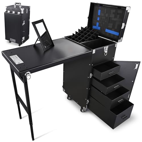 BYOOTIQUE Rolling Manicure Table Foldable Nail Table Makeup Train Case Tattoo Station Portable Nail Desk Workstation with 4 Drawers Mirror for Salon Travel, Black