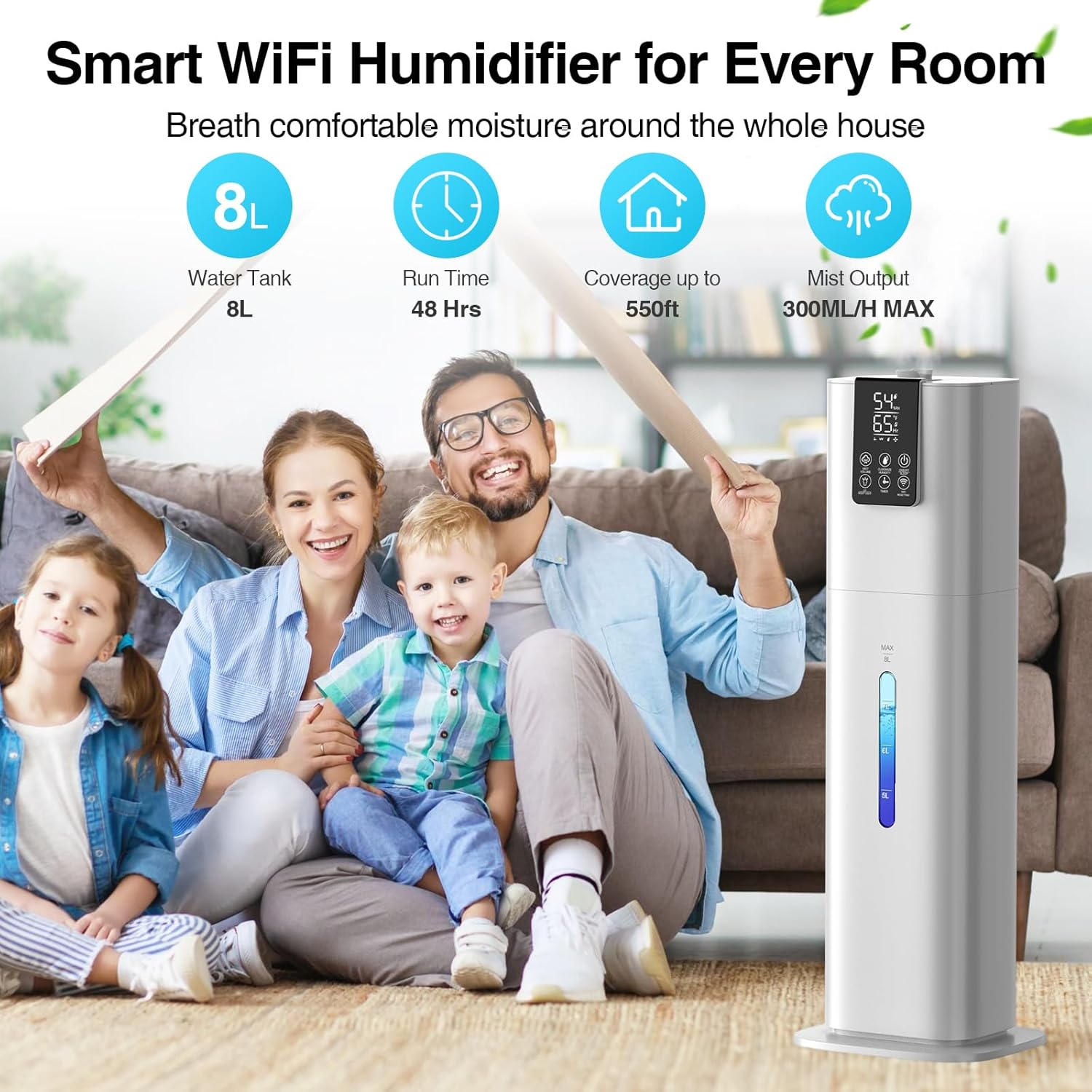 Smart Humidifiers Large Room Bedroom Home, 8L Top Fill Cold Mist Humidifiers with 3 Adjustable Mist Levels, Smart App & Remote Control, 48H Runtime, Nightlight, 12H Timer, Humidity Setting