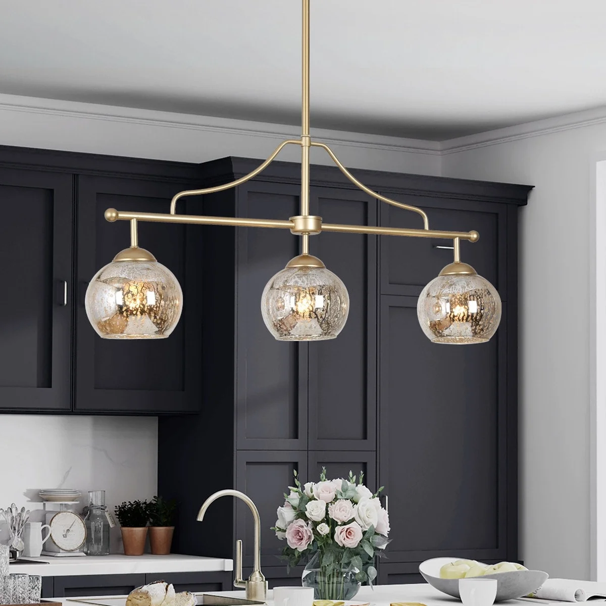 Ziv Mid-Century Modern 3-Light Gold Linear Chandelier Mercury Glass Island Lights for Dining Room Brass