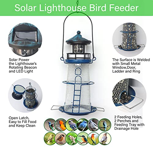 Solar Bird Feeder Lighthouse with Rotating Beacon LED Light, Outdoors Hanging, 14
