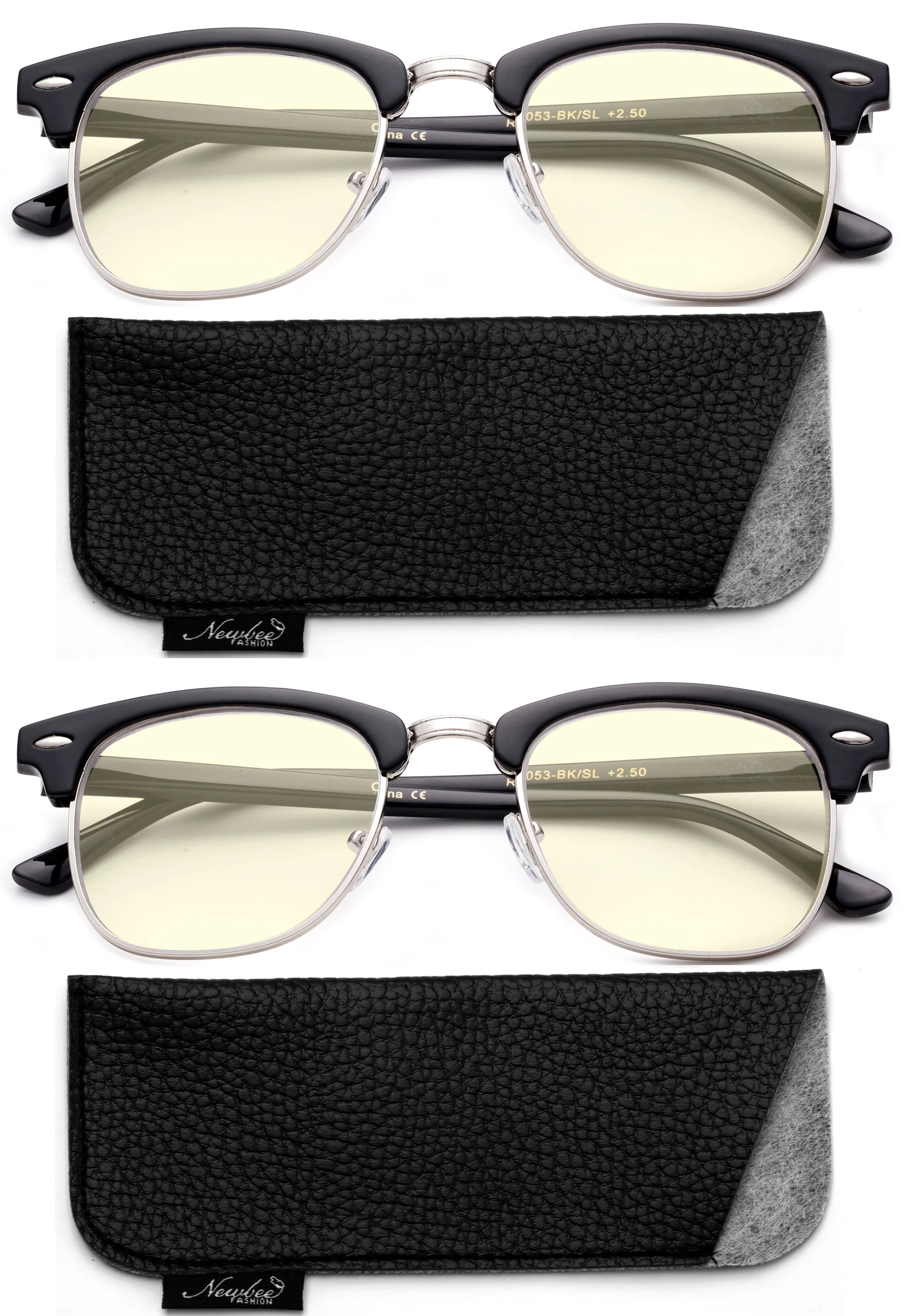 2 Pack Newbee Fashion - Blue Light Blocking Glasses, Computer Glasses Reduce Eyestrain, Vintage Oval Retro Classic Half Frame High Fashion Clear Lens Glasses for Men, Women, Black Frame Silver Rim