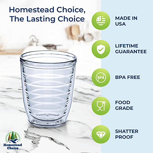Homestead Choice 16oz Insulated Tumblers Plastic Keeps Drinks Cold & Hot, 4pack Double Walled Clear Insulated Drinking Glasses Cup, BPA-Free, Dishwasher Safe Reusable, Camping,Travel, Kitchen, Party