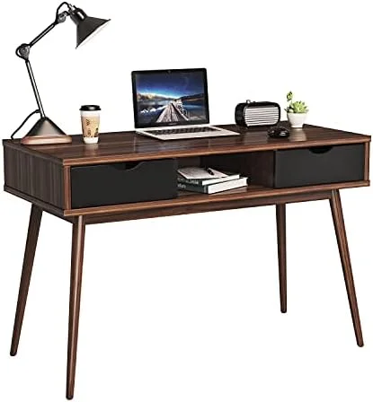 KHBIULIFE Mid Century Desk with  Drawers & Solid Wood Legs  Home Office Writing Study Desk with  Compartment  Laptop PC Workstation for Study Room  Vanity Table for Bedroom