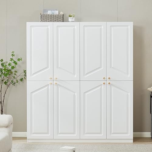Wooden Armoire Wardrobe Closet Cabinet, 4 Door 2 Drawers White Cabinet for High Storage Capacity, Tall Cabinet Closet Wardrobe with 2 Shelves and Hanging Rod 63