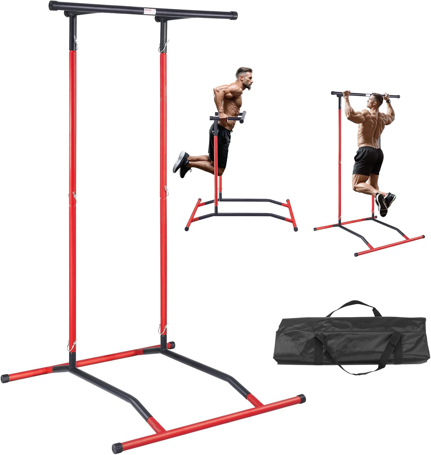 VEVOR Power Tower Dip Station, 2-Level Height Adjustable Pull Up Bar Stand, Multi-Function Strength Training Workout Equipment, Home Gym Fitness Dip Bar Station, 220LBS Weight Capacity, Black & Red