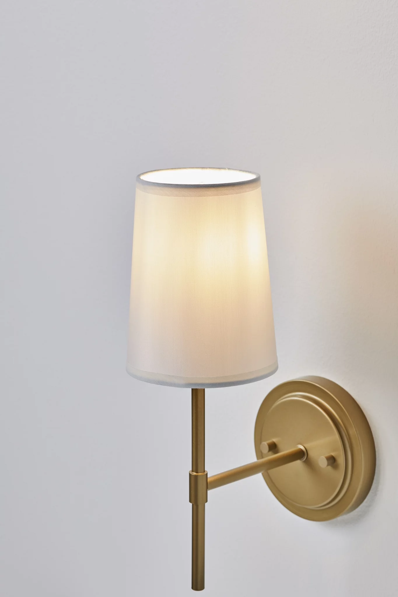Better Homes & Gardens 1 Light Wall Sconce,Burnished Brass,White Fabric Shade,Bulb Not Included