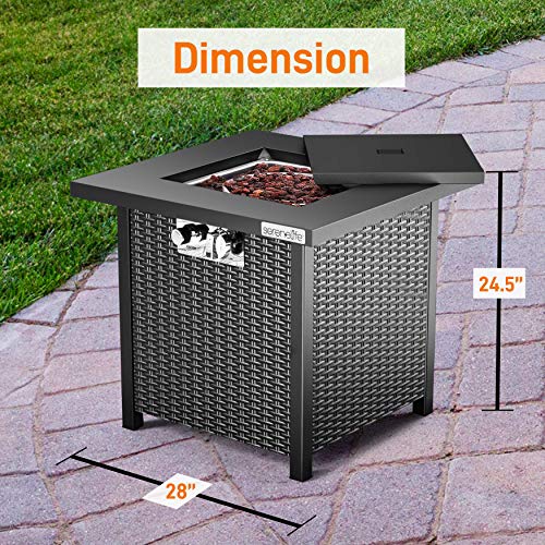 Outdoor Propane Fire Pit Table - CSA/ETL Certified Safe 50,000 BTU Pulse Ignition Weatherproof Square Wicker Propane Gas Fire Table w/Tile Tabletop Adjustable Flame - Glass Rocks