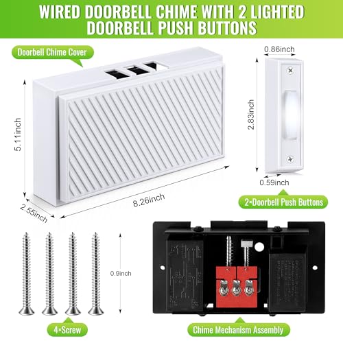 Saillong Wired Doorbell Chime Kit, 2 16V 10VA Lighted Doorbell Push Buttons with 2 Notes for Front, Rear Door and Doorbell Chime Box for Home Wall Inside, Compatible with Most Doorbells (Strip Style)