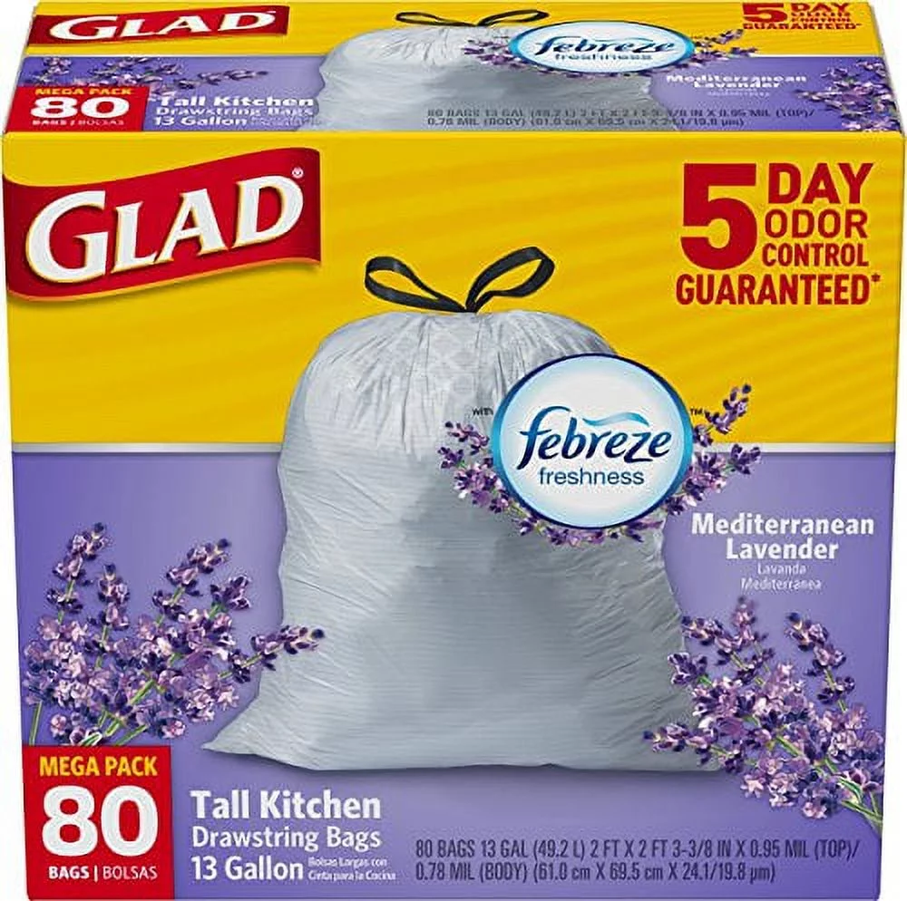 Glad OdorShield Tall Kitchen Drawstring Trash Bags, Lavender breeze, 13 Gallon, 80 Count (Packaging May Vary)