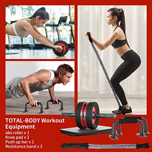 Ab Rollers Wheel Kit, Exercise Wheel Core Strength Training Abdominal Roller Set with Push Up Bars, Resistance Bands, Knee Mat Home Gym Fitness Equipment for Abs Workout