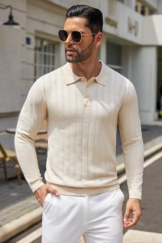 COOFANDY Men's Knit Polo Shirt Casual Long Sleeve Polo Sweater Dress Collar Polo Classic Golf Shirts