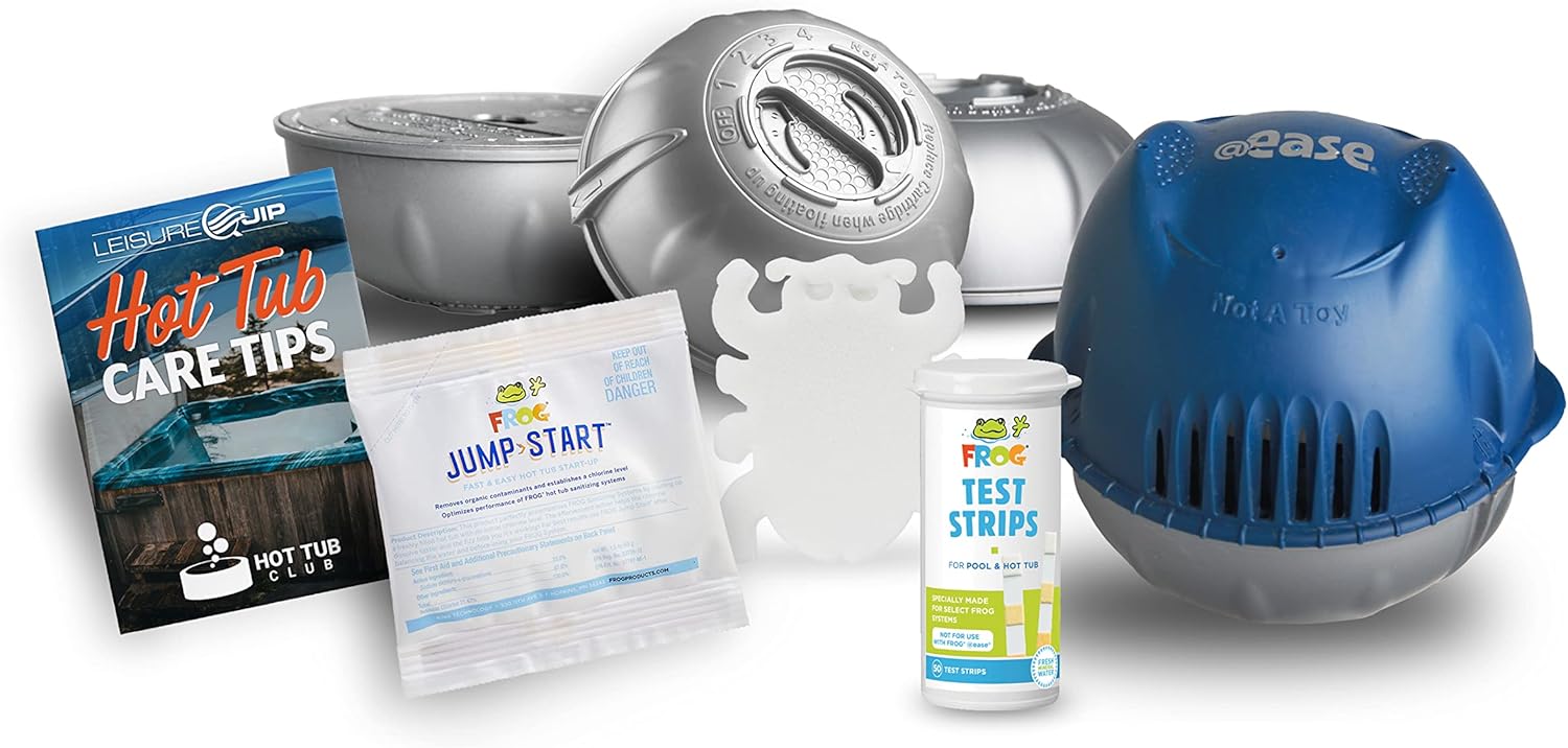 HotTubClub Frog @Ease Floating Sanitizing System for Tubs and Spas - Contains (@Ease SmartChlor Sanitizing System, @Ease SmartChlor 3pk Refill Kit, Floating ScumBug & Hot Tub Care e-Book (9 Items)