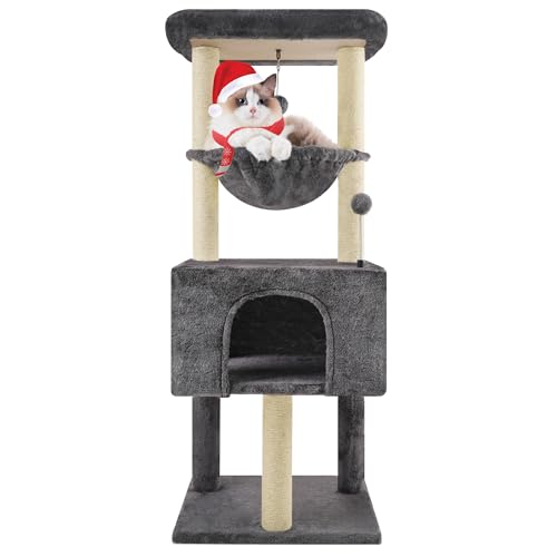 Cat Tree with Cat Condo and Two Hammocks, Cat Tower with Scratching Posts and Scratching Pads, Cat Tree Tower for Indoor Cats, Grey