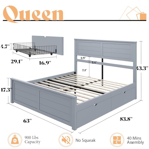 AMERLIFE Full Size Bed Frame with Headboard, Platform Beds with 4 Storage Drawers, Wood Bed Frame for Bedroom, Wood Slats Support, Grey
